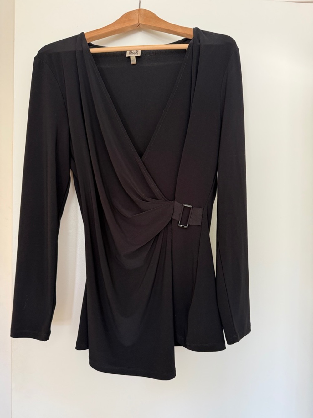 Anne Klein Black Draped Faux-Wrap Long Sleeve Top Large